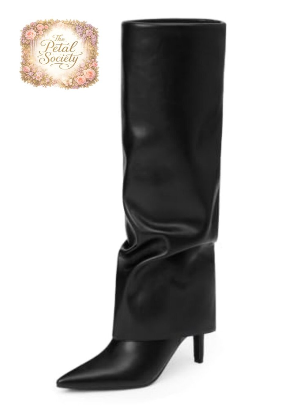 Slouchy Knee High Boots Pointed Toe Kitten Heel Hidden Zipper Faux Leather